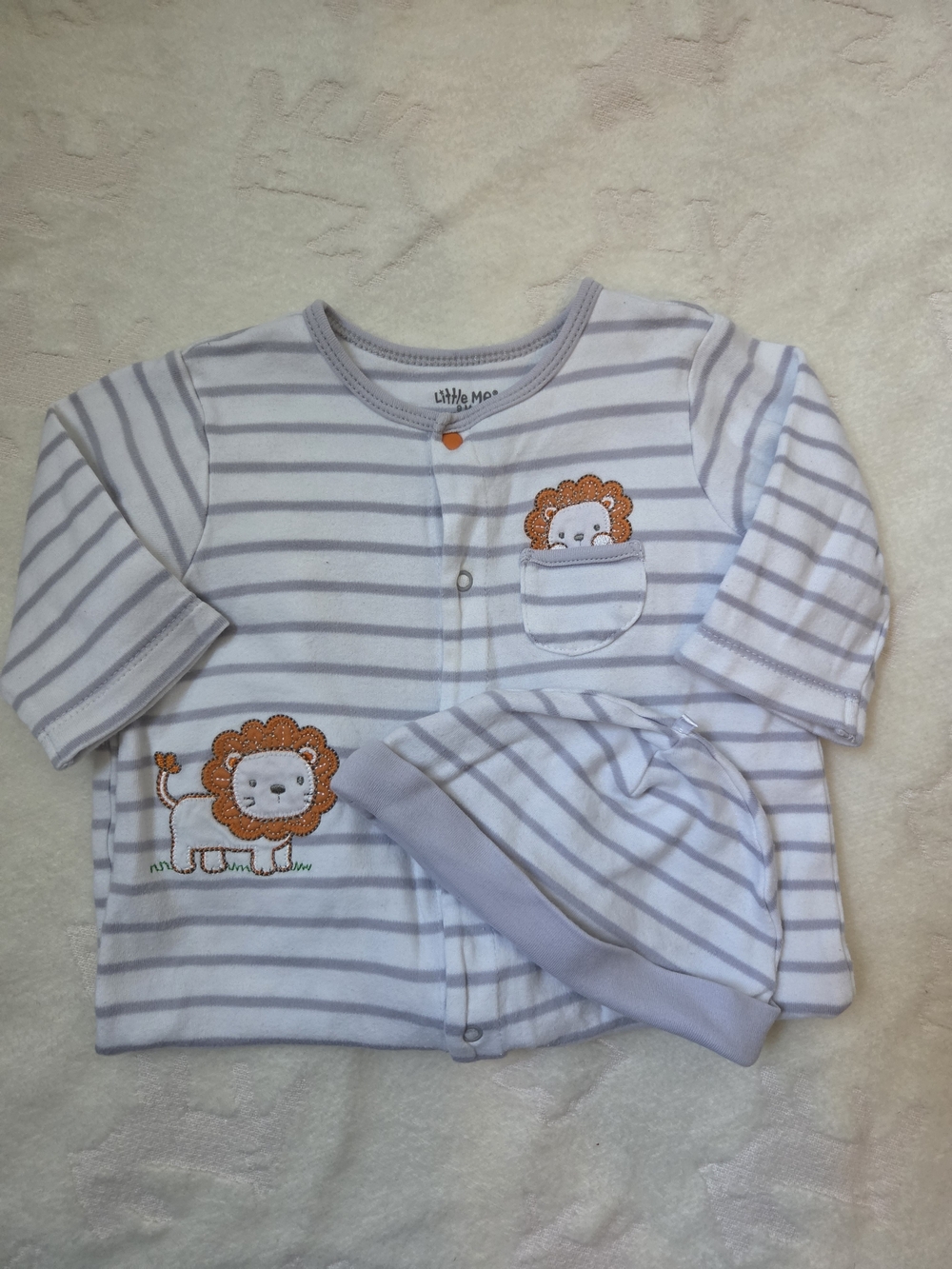 Little Me White and Gray Striped Lion Footed One-Piece